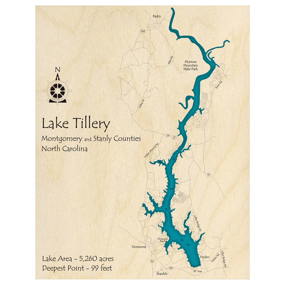 Bathymetric topo map of Lake Tillery, NC with roads, towns and depths noted in blue water.
