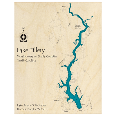 Bathymetric topo map of Lake Tillery, NC with roads, towns and depths noted in blue water.