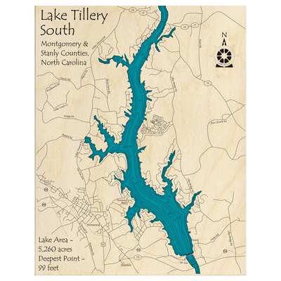 Bathymetric topo map of Lake Tillery, NC with roads, towns and depths noted in blue water.