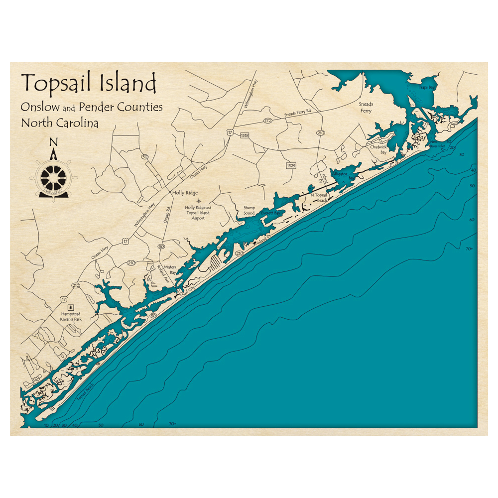 Bathymetric topo map of Topsail Island, NC with roads, towns and depths noted in blue water.