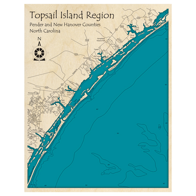 Bathymetric topo map of Topsail Island, NC with roads, towns and depths noted in blue water.