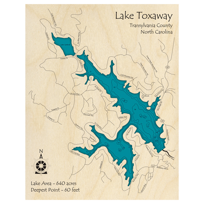 Bathymetric topo map of Lake Toxaway and Cardinal Lake, NC with roads, towns and depths noted in blue water.