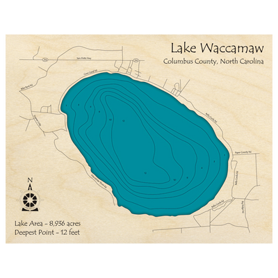 Bathymetric topo map of Lake Waccamaw, NC with roads, towns and depths noted in blue water.
