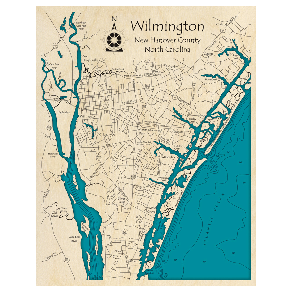 Bathymetric topo map of Wilmington, NC with roads, towns and depths noted in blue water.
