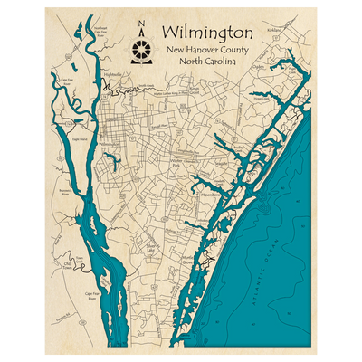 Bathymetric topo map of Wilmington, NC with roads, towns and depths noted in blue water.