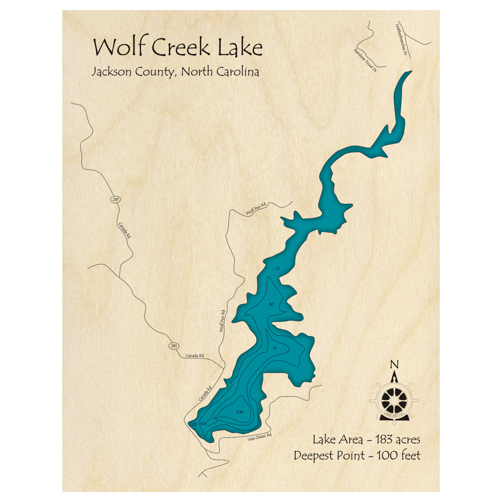 Bathymetric topo map of Wolf Creek Reservoir, NC with roads, towns and depths noted in blue water.