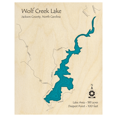 Bathymetric topo map of Wolf Creek Reservoir, NC with roads, towns and depths noted in blue water.