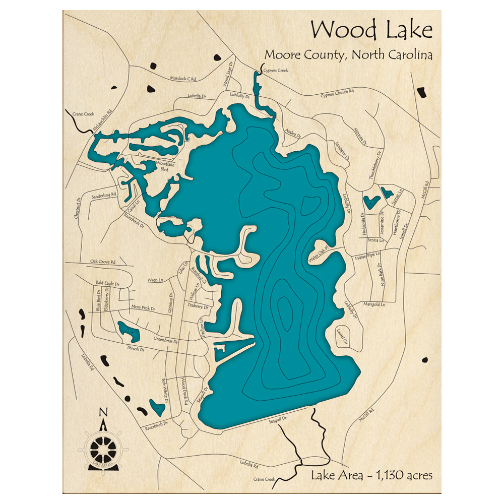 Bathymetric topo map of Wood Lake, NC with roads, towns and depths noted in blue water.