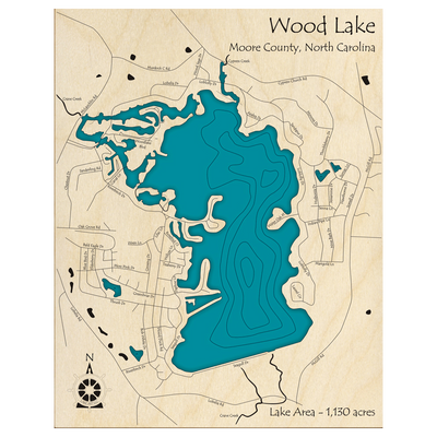 Bathymetric topo map of Wood Lake, NC with roads, towns and depths noted in blue water.