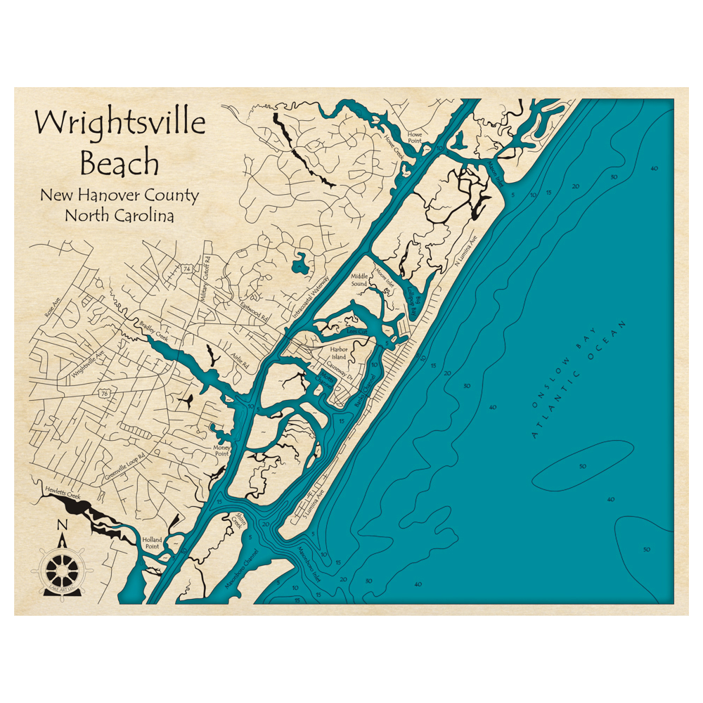 Bathymetric topo map of Wrightsville Beach, NC with roads, towns and depths noted in blue water.