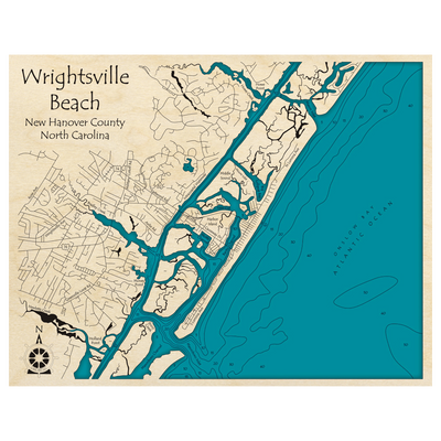 Bathymetric topo map of Wrightsville Beach, NC with roads, towns and depths noted in blue water.