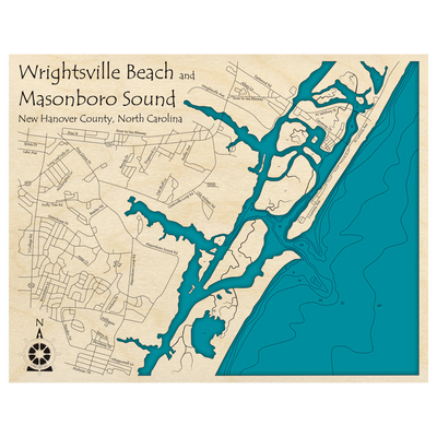 Bathymetric topo map of Wrightsville Beach and Masonboro Sound, NC with roads, towns and depths noted in blue water.