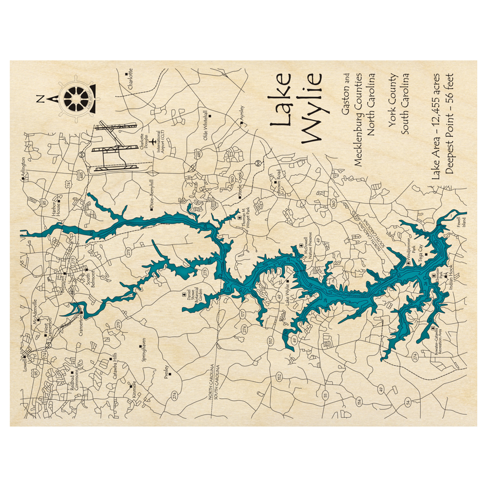 Bathymetric topo map of Lake Wylie (NC, SC) with roads, towns and depths noted in blue water.