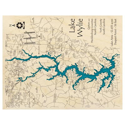 Bathymetric topo map of Lake Wylie (NC, SC) with roads, towns and depths noted in blue water.