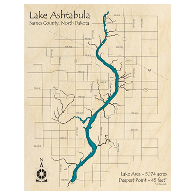 Bathymetric topo map of Lake Ashtabula, ND with roads, towns and depths noted in blue water.