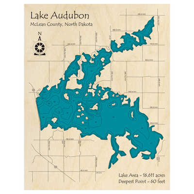 Bathymetric topo map of Lake Audubon, ND with roads, towns and depths noted in blue water.