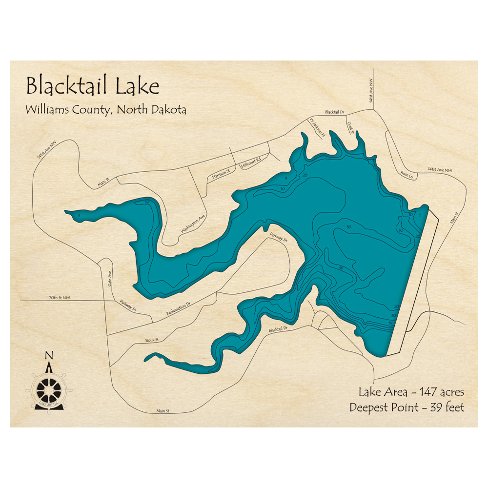 Bathymetric topo map of Blacktail Lake, ND with roads, towns and depths noted in blue water.