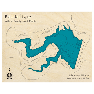 Bathymetric topo map of Blacktail Lake, ND with roads, towns and depths noted in blue water.