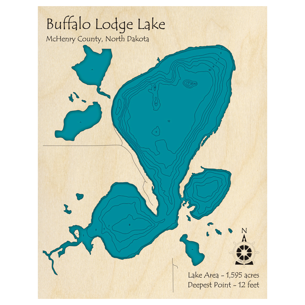 Bathymetric topo map of Buffalo Lodge Lake, ND with roads, towns and depths noted in blue water.
