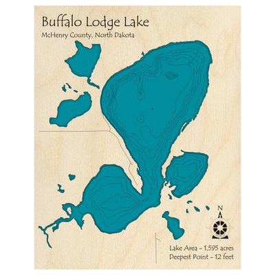 Bathymetric topo map of Buffalo Lodge Lake, ND with roads, towns and depths noted in blue water.