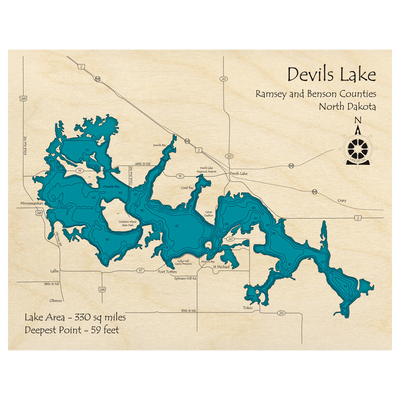 Bathymetric topo map of Devils Lake, ND with roads, towns and depths noted in blue water.