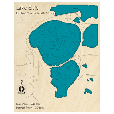 Bathymetric topo map of Lake Elsie, ND with roads, towns and depths noted in blue water.