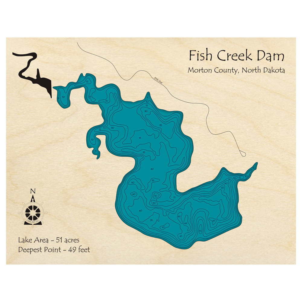 Bathymetric topo map of Fish Creek Dam, ND with roads, towns and depths noted in blue water.
