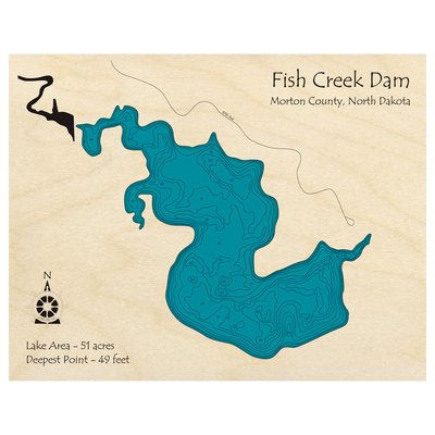 Bathymetric topo map of Fish Creek Dam, ND with roads, towns and depths noted in blue water.