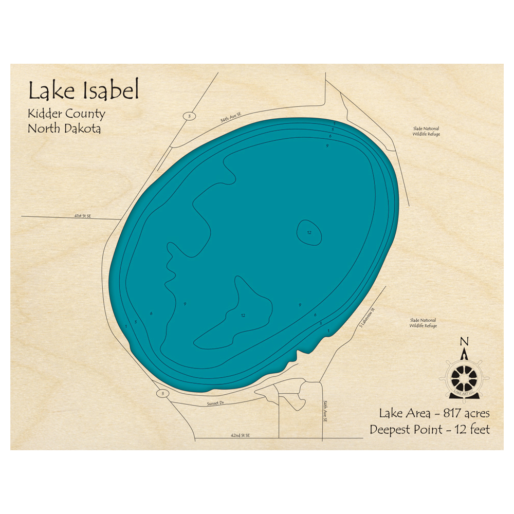 Bathymetric topo map of Lake Isabel, ND with roads, towns and depths noted in blue water.