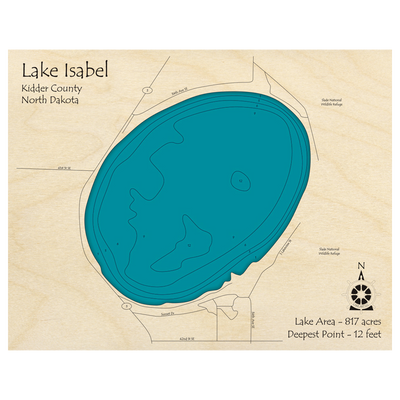 Bathymetric topo map of Lake Isabel, ND with roads, towns and depths noted in blue water.
