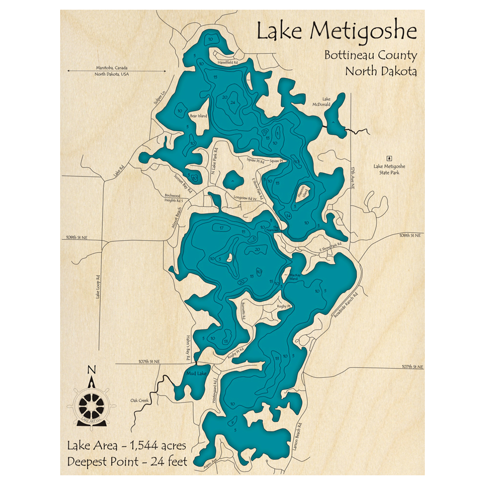 Bathymetric topo map of Lake Metigoshe (MB, ND) with roads, towns and depths noted in blue water.