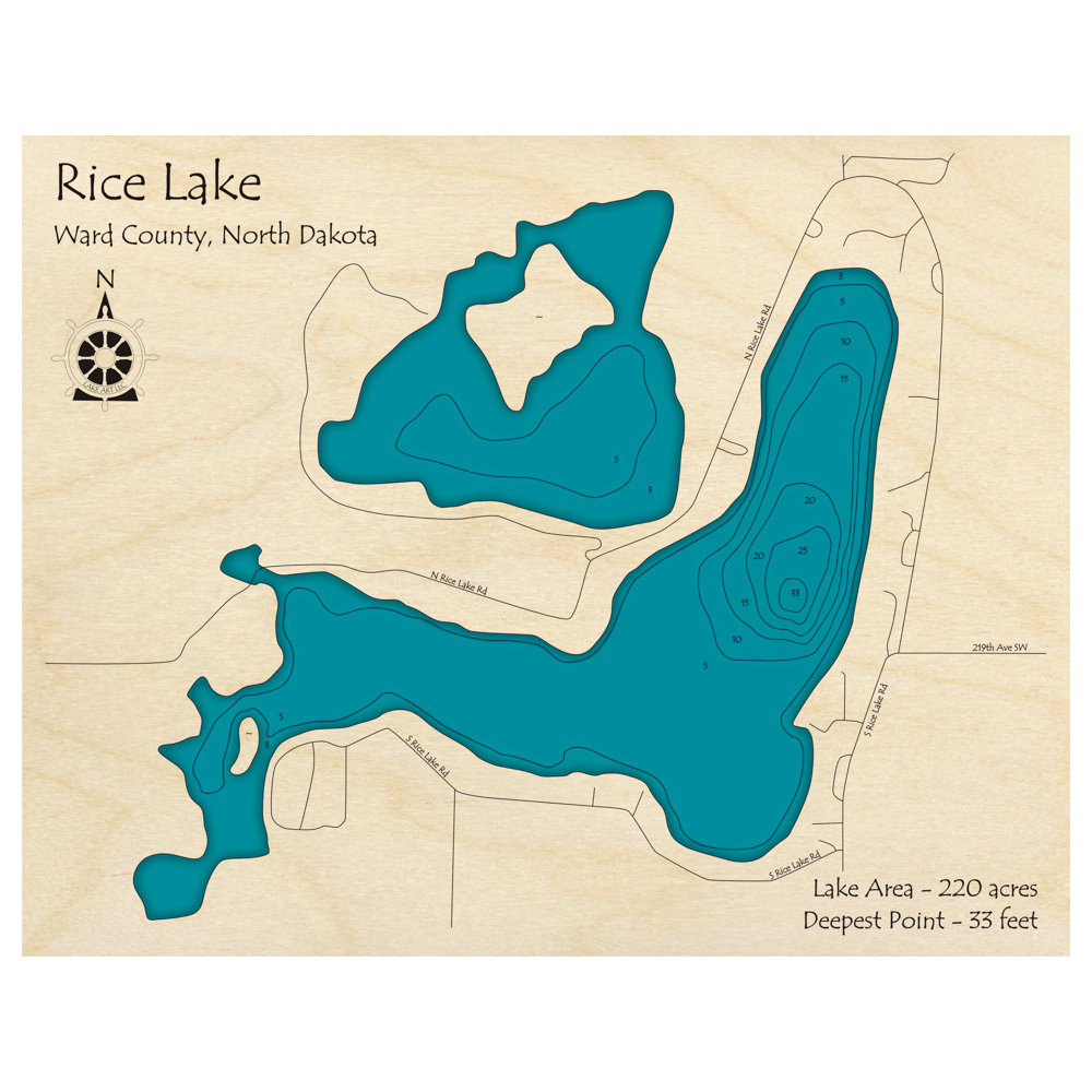 Bathymetric topo map of Rice Lake, ND with roads, towns and depths noted in blue water.