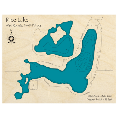 Bathymetric topo map of Rice Lake, ND with roads, towns and depths noted in blue water.