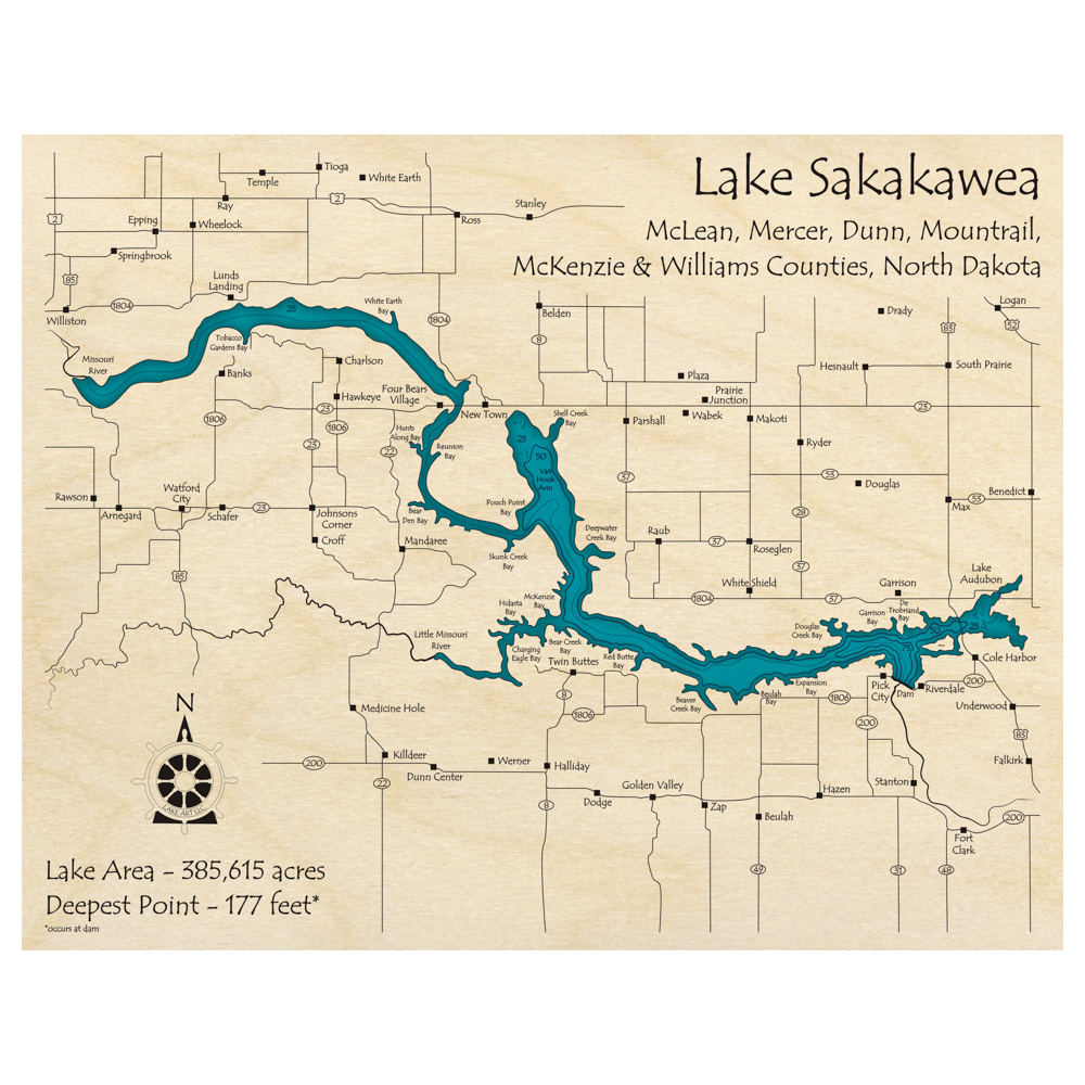 Bathymetric topo map of Lake Sakakawea, ND with roads, towns and depths noted in blue water.