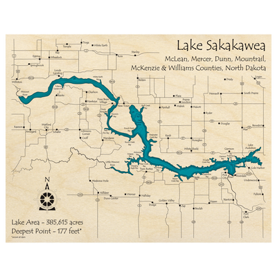 Bathymetric topo map of Lake Sakakawea, ND with roads, towns and depths noted in blue water.