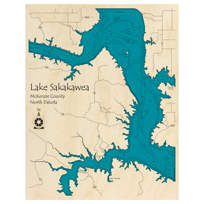 Bathymetric topo map of Lake Sakakawea, ND with roads, towns and depths noted in blue water.