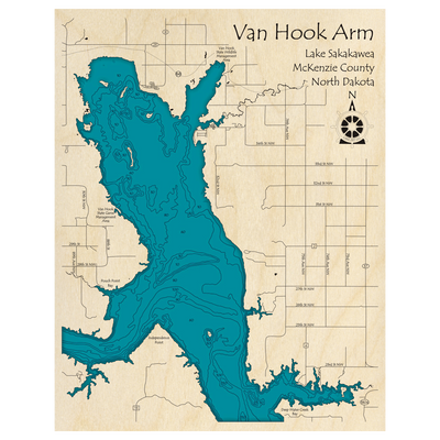 Bathymetric topo map of Van Hook Arm of Lake Sakakawea, ND with roads, towns and depths noted in blue water.