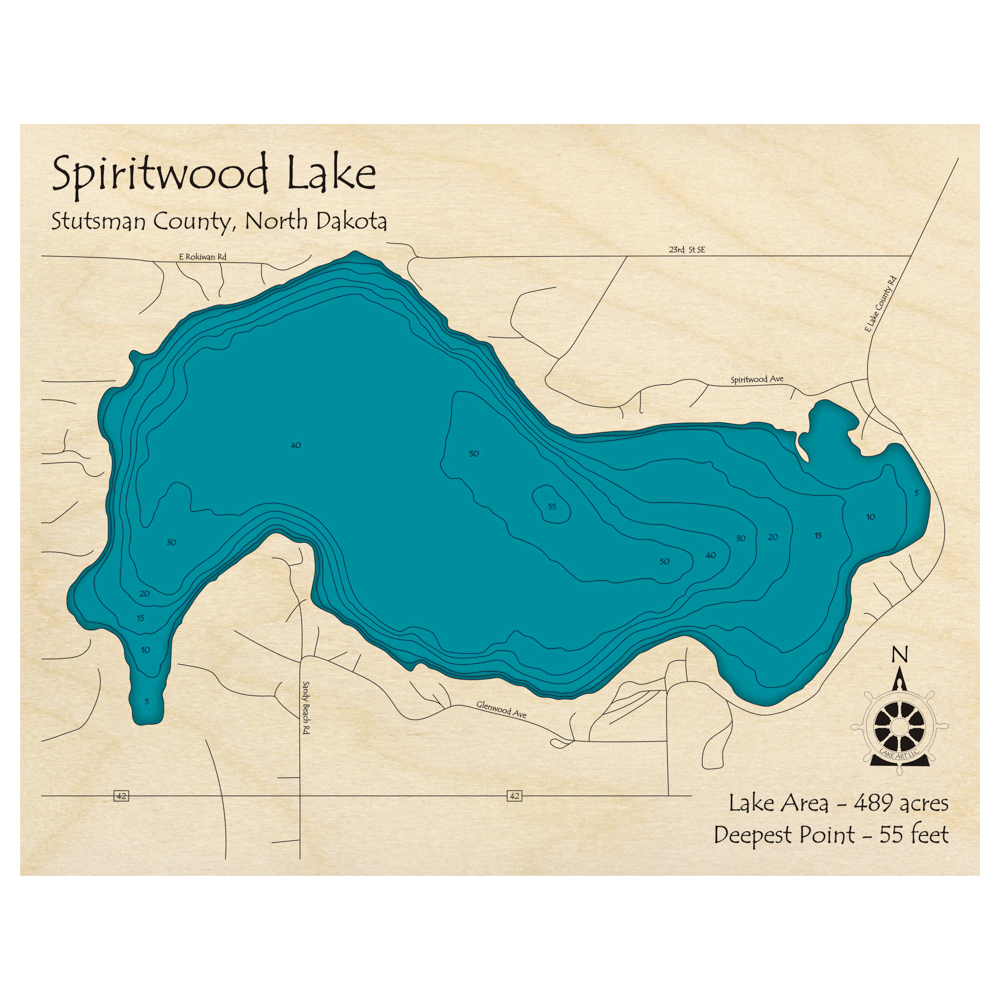 Bathymetric topo map of Spiritwood Lake, ND with roads, towns and depths noted in blue water.