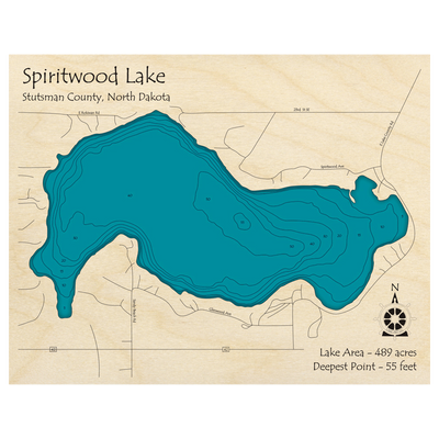 Bathymetric topo map of Spiritwood Lake, ND with roads, towns and depths noted in blue water.