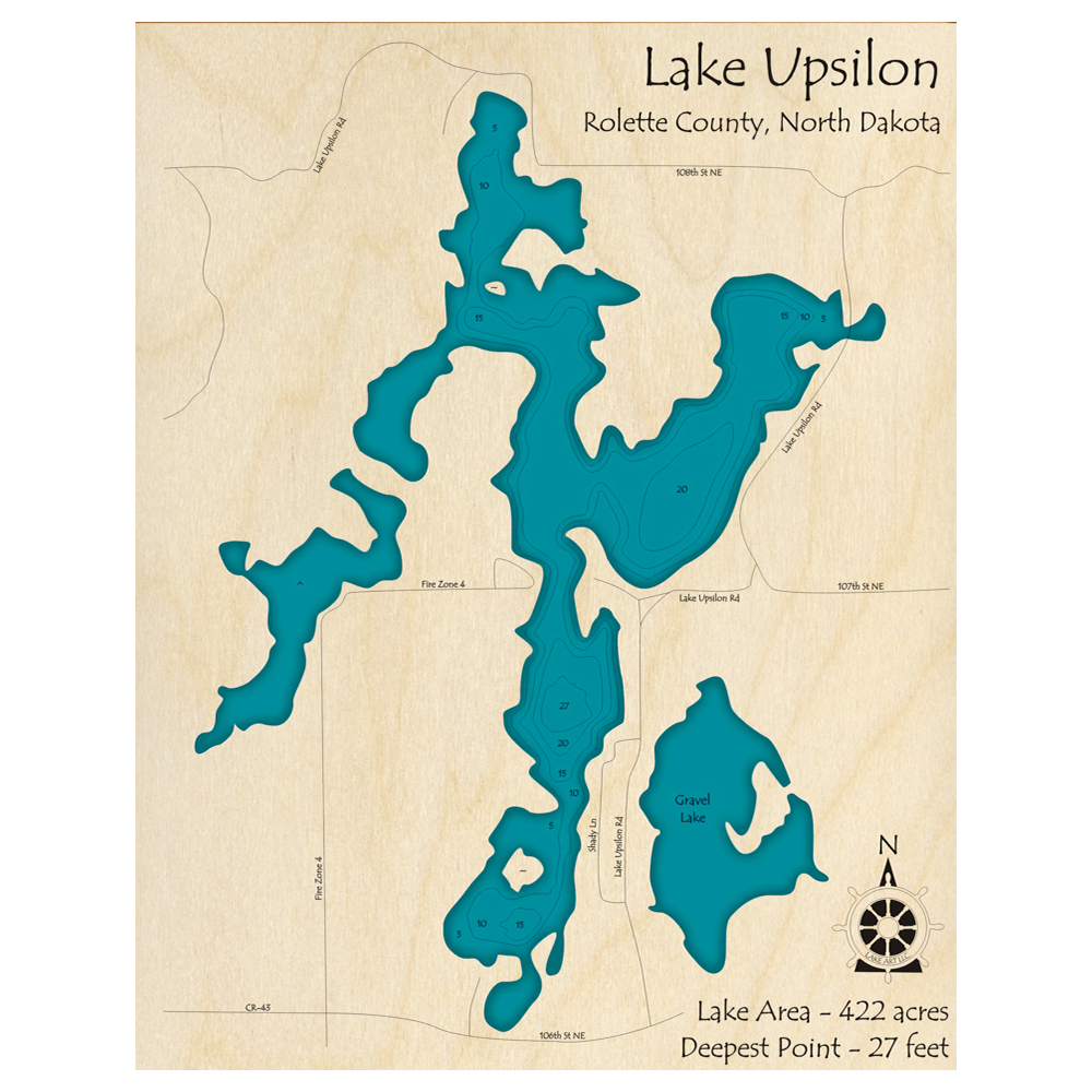 Bathymetric topo map of Upsilon Lake, ND with roads, towns and depths noted in blue water.