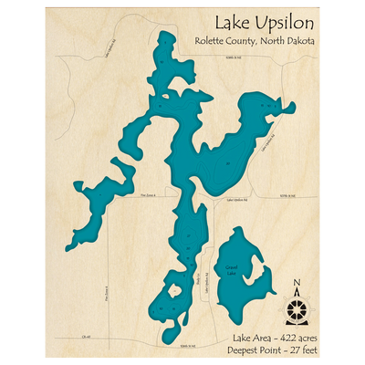 Bathymetric topo map of Upsilon Lake, ND with roads, towns and depths noted in blue water.