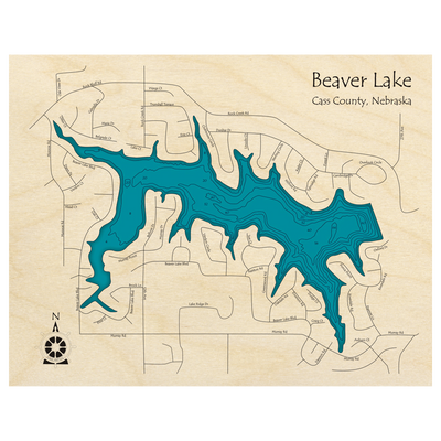 Bathymetric topo map of Beaver Lake, NE with roads, towns and depths noted in blue water.