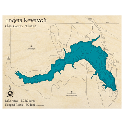 Bathymetric topo map of Enders Reservoir, NE with roads, towns and depths noted in blue water.