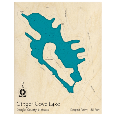 Bathymetric topo map of Ginger Cove Lake, NE with roads, towns and depths noted in blue water.