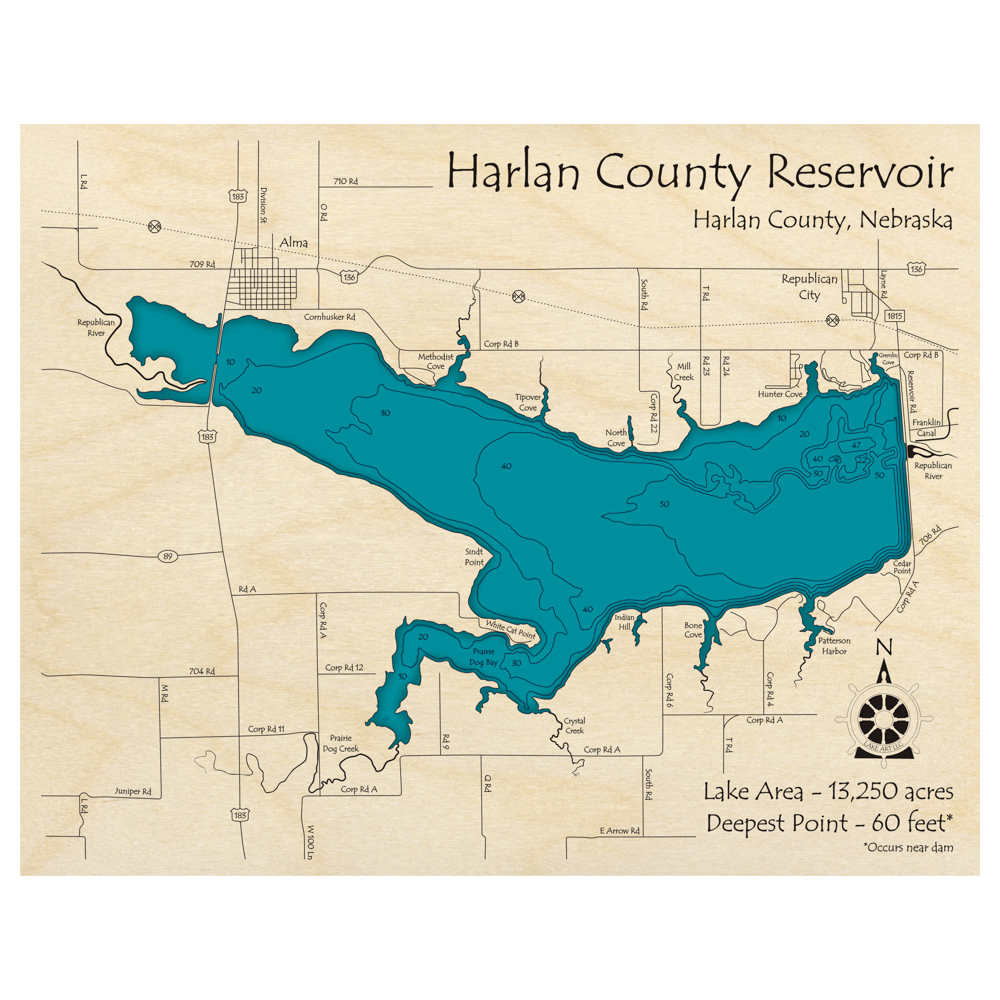 Bathymetric topo map of Harlan County Reservoir, NE with roads, towns and depths noted in blue water.