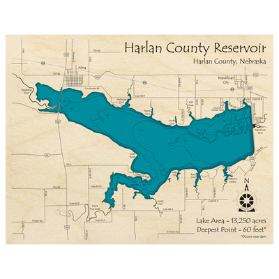 Bathymetric topo map of Harlan County Reservoir, NE with roads, towns and depths noted in blue water.