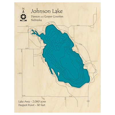 Bathymetric topo map of Johnson Lake, NE with roads, towns and depths noted in blue water.