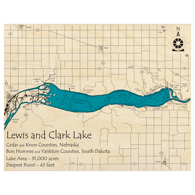 Bathymetric topo map of Lewis and Clark Lake (NE, SD) with roads, towns and depths noted in blue water.