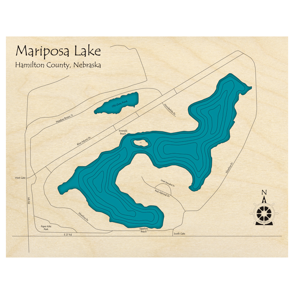 Bathymetric topo map of Mariposa Lake, NE with roads, towns and depths noted in blue water.