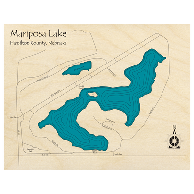 Bathymetric topo map of Mariposa Lake, NE with roads, towns and depths noted in blue water.